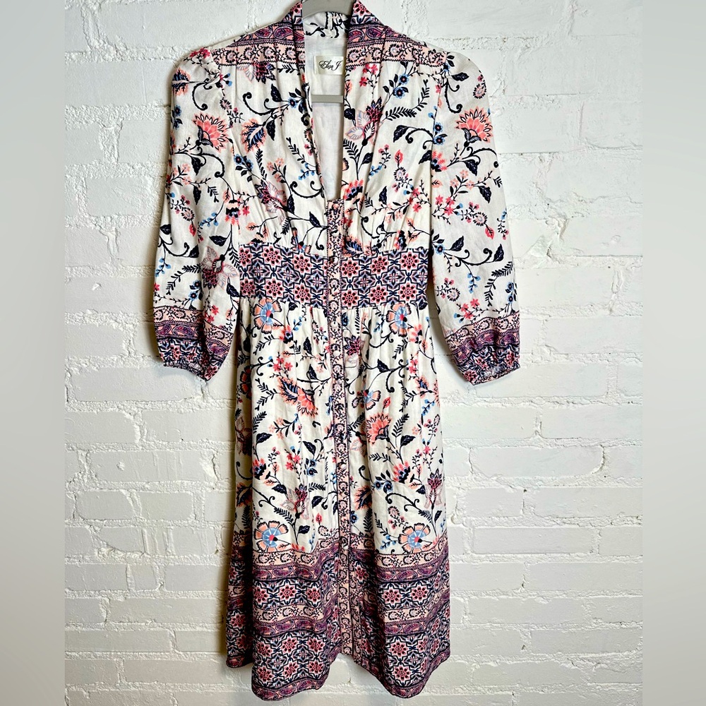 Eliza J Linen Dress | Feminine Floral Paisley Midi with buttons Size 0